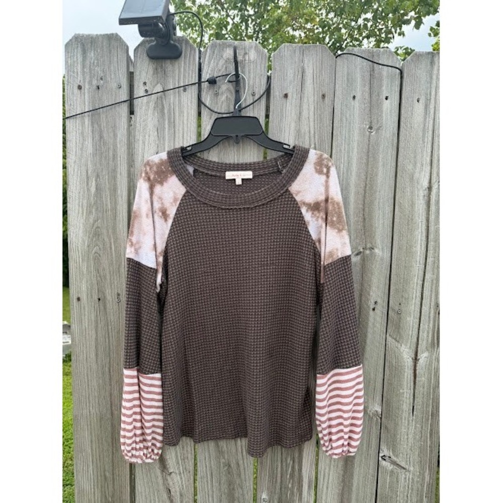 Boho Waffle Knit Thermal Hailey & Co Top Large Brown Tie Dye Striped Colorblock